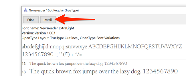 Haga clic en "Instalar" en la pantalla de vista previa de la fuente en Windows.