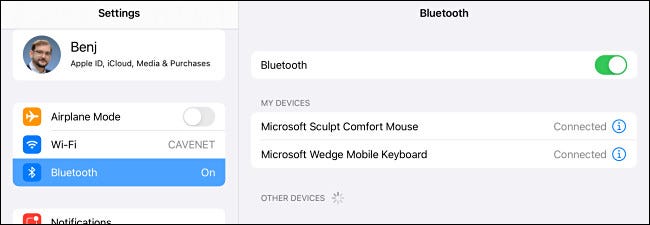 Vinculación del mouse y el teclado en la configuración de Bluetooth del iPad.