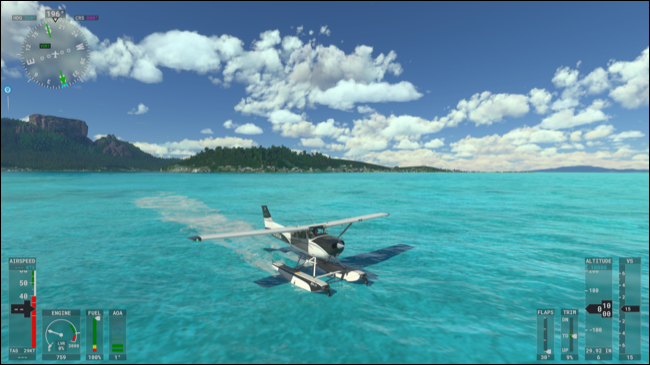 Un hidroavión aterrizando en el agua en Microsoft Flight Simulator.