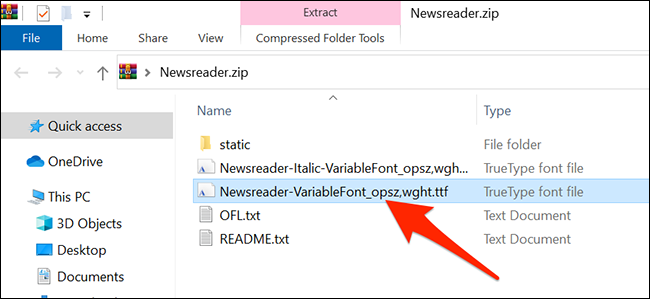 Haga doble clic en el archivo de fuente descargado en "Explorador de archivos" en Windows.