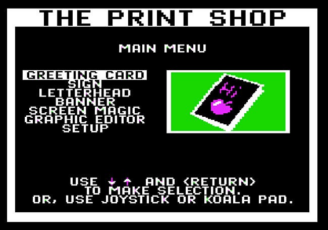 El menú principal de Print Shop para Apple II.