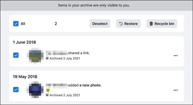 Restauración de publicaciones de archivo en Facebook.com