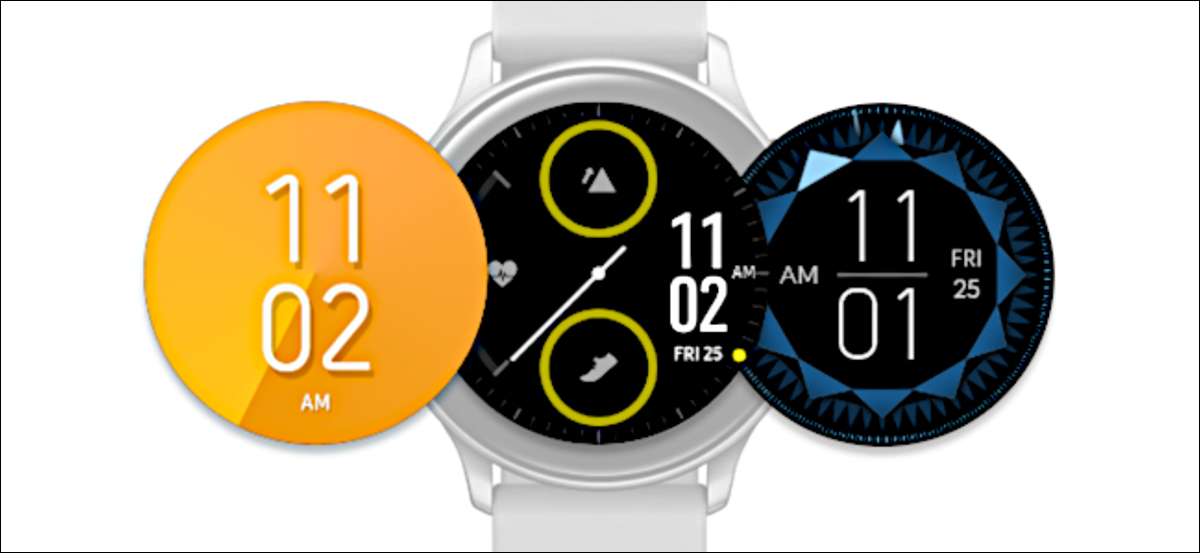 Varias esferas de reloj junto a un Samsung Galaxy Watch