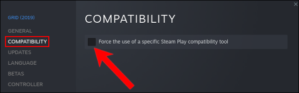 Seleccione la pestaña Compatibilidad y marque la opción "Forzar el uso de una herramienta de compatibilidad de Steam Play específica"