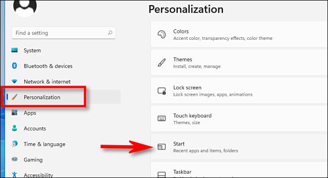 En la configuración de Windows 11, haga clic en "Personalización" y luego en "Inicio".