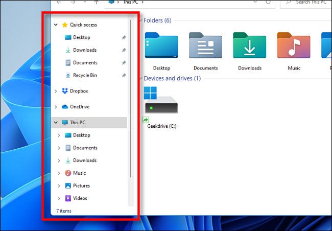 La barra lateral del Explorador de archivos de vista previa de Windows 11