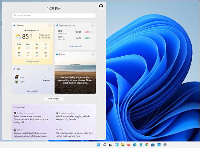 El menú de widgets de Windows 11.