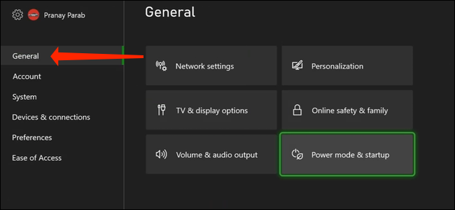 En la configuración de Xbox Series X | S, navega hasta la pestaña "General" en el panel izquierdo.