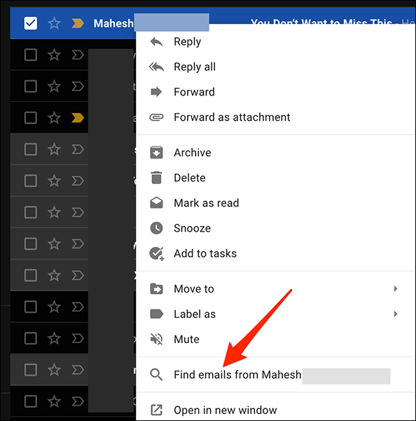 Haga clic con el botón derecho en un correo electrónico en Gmail y seleccione "Buscar correos electrónicos de".