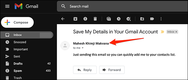 Pase el mouse sobre el nombre del remitente del correo electrónico en Gmail.