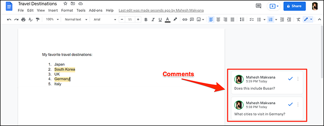 Un documento de Google Docs con comentarios.