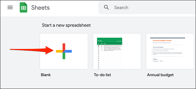 Haga clic en "En blanco" en Google Sheets para crear una nueva hoja de cálculo.