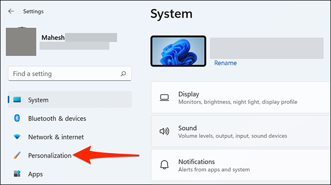 Seleccione "Personalización" en Configuración en Windows 11.