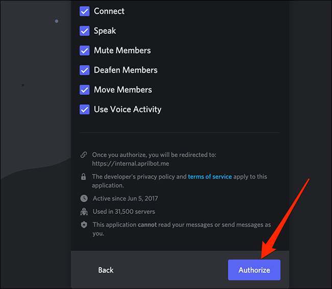 Haga clic en "Autorizar" en la pantalla de permisos en Discord.