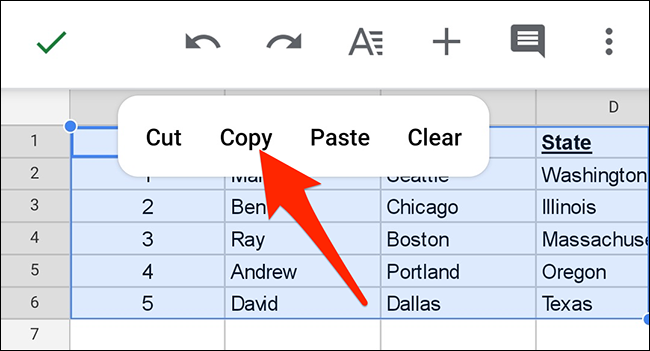 Seleccione "Copiar" en el menú contextual de Google Sheets.