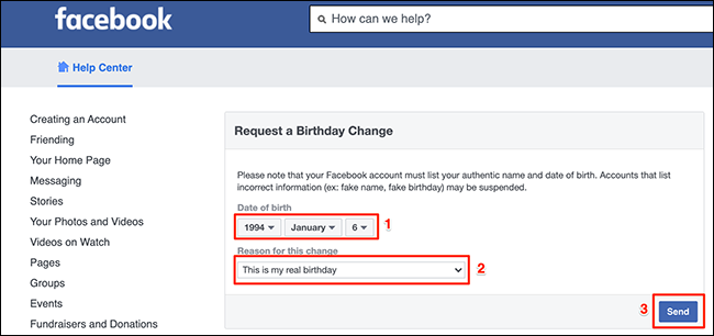 La página web "Solicitar un cambio de cumpleaños" de Facebook.