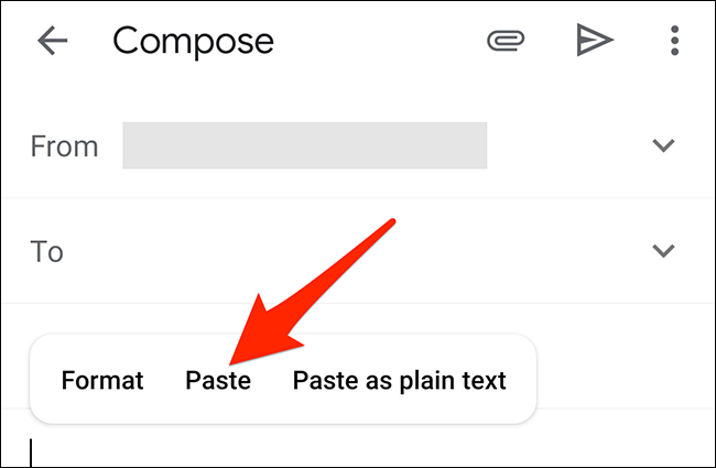 Seleccione "Pegar" en el menú contextual de Gmail.