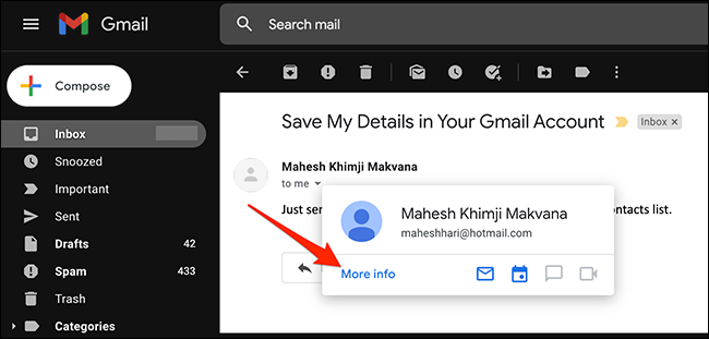 Seleccione "Más información" en la tarjeta del remitente de un correo electrónico en Gmail.