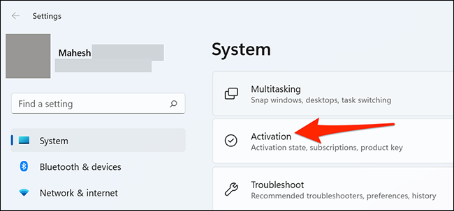 Seleccione "Activación" en Configuración en Windows 11.