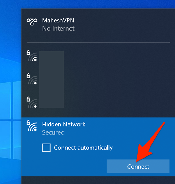 Haga clic en "Conectar" en la sección "Red oculta" en Windows 10.