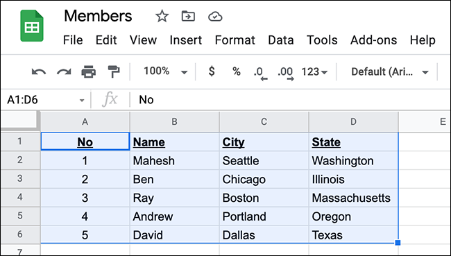 Seleccione una tabla en una hoja de cálculo en Google Sheets.