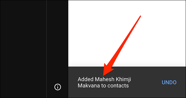 Mensaje "Agregado a contactos" de Gmail.