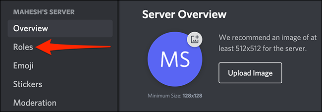Seleccione "Roles" en la pantalla "Descripción general del servidor" de Discord.