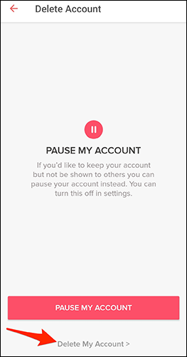 Toca "Eliminar mi cuenta" en la página "Eliminar cuenta" de la aplicación Tinder.