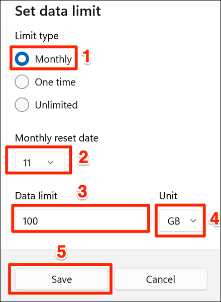 Seleccione la opción de límite de datos "Mensual" en Configuración en Windows 11.