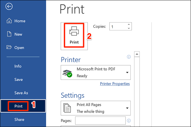 Seleccione "Imprimir" para imprimir un documento de Word.