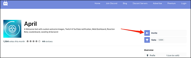 Seleccione "Invitar" en la página web del bot de abril.
