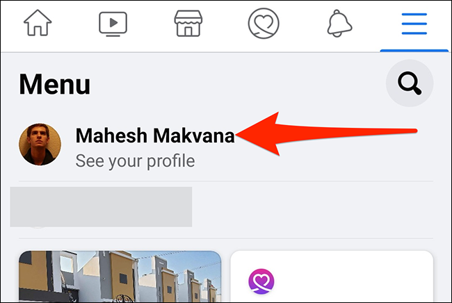 Seleccione el perfil de usuario en la pantalla "Menú" de Facebook.
