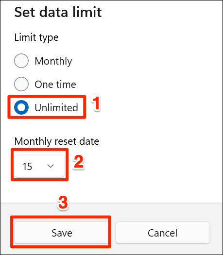 Elija la opción de límite de datos "Ilimitado" en Configuración en Windows 11.