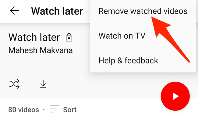 Seleccione "Eliminar videos vistos" en el menú de tres puntos en la página "Ver más tarde" de la aplicación de YouTube.
