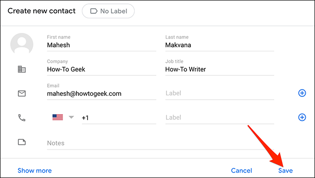 Ingrese los detalles del contacto en la ventana "Crear nuevo contacto" de Contactos de Google.
