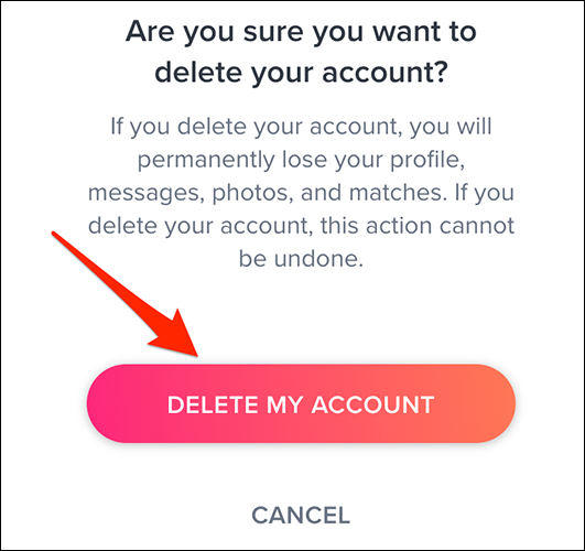 Seleccione "Eliminar mi cuenta" en el mensaje de eliminación de la cuenta en el sitio de Tinder.