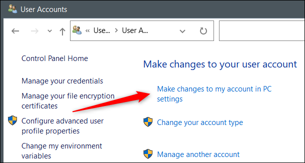 Haga clic en "Realizar cambios en mi cuenta en la configuración de PC".