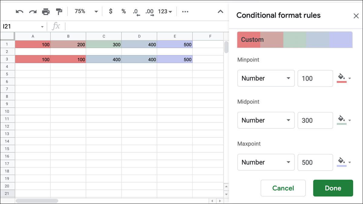 Formato condicional de escala de colores en Hojas de cálculo de Google