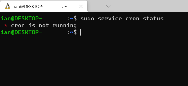 Una ventana de terminal de Windows WSL que muestra que cron no se está ejecutando. 