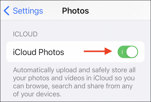Toque la palanca junto a "Fotos de iCloud" para desactivar la función. 