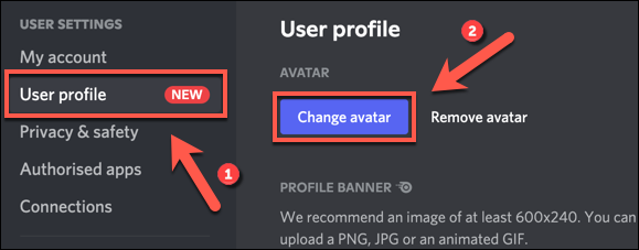 Para cambiar su imagen de perfil de Discord, presione Perfil de usuario> Cambiar avatar.