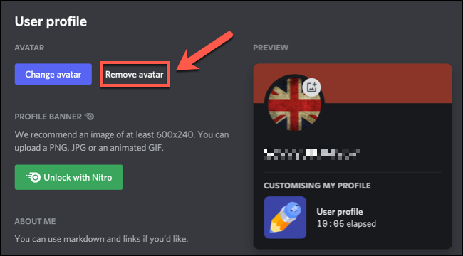 Para eliminar un avatar de Discord, presione el botón "Eliminar avatar" en el menú de configuración de Discord.