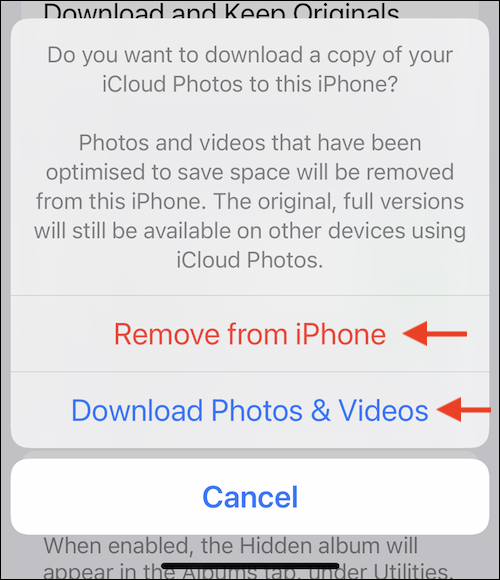 Elija la opción "Descargar fotos y videos" para descargar todas las fotos de iCloud antes de desactivar la función. 