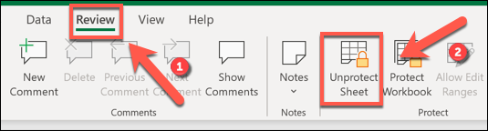 Para eliminar la protección de bloqueo de una hoja de cálculo de Excel, presione Revisar> Desproteger hoja.