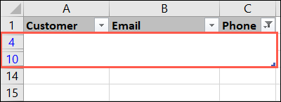 Filas en blanco filtradas en una tabla de Excel