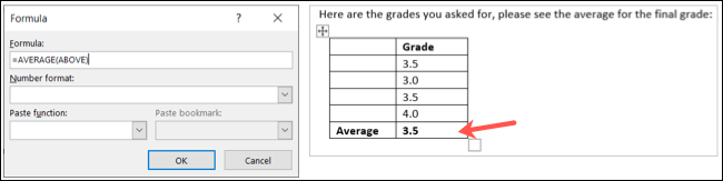 Fórmula promedio y resultado en Outlook