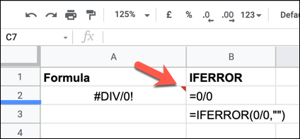Un ejemplo de un indicador de error de fórmula de Google Sheets, oculto con éxito por una fórmula IFERROR.