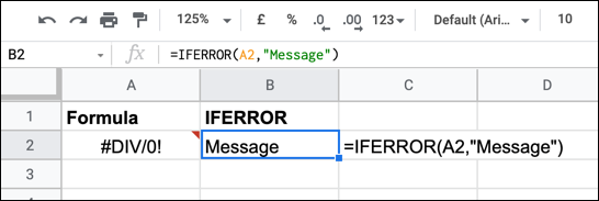 Un ejemplo de una fórmula IFERROR en Google Sheets usando una referencia a otra celda.