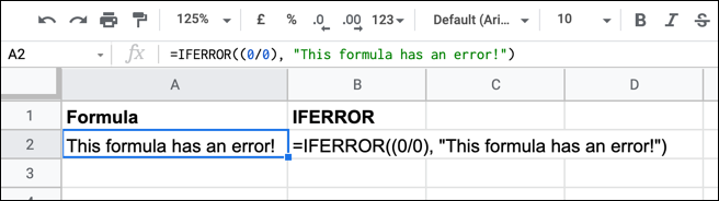 Un ejemplo de una fórmula IFERROR en Google Sheets con una función anidada.