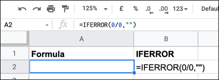 Un ejemplo de una fórmula IFERROR en Google Sheets, que muestra un mensaje de error vacío con una cadena de texto vacía.